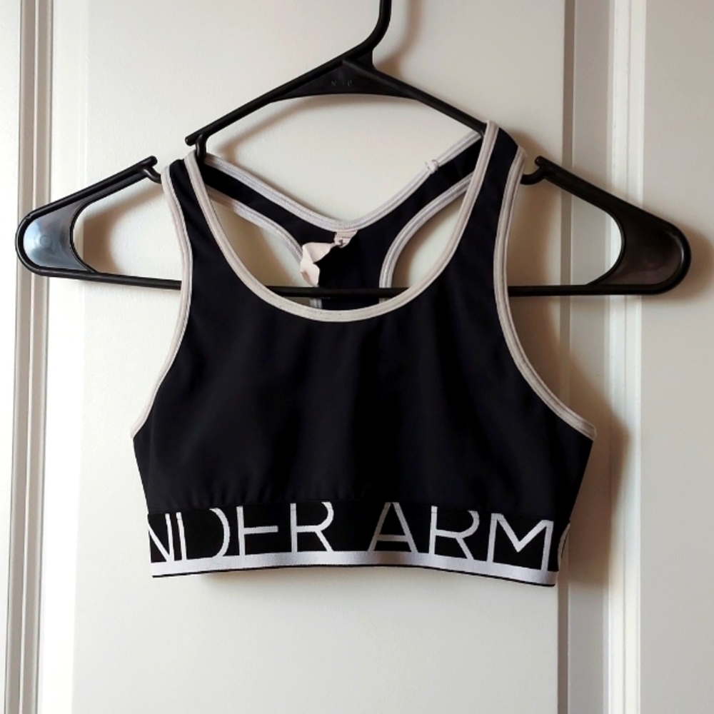Under Armor, workout bra black with white trim around large